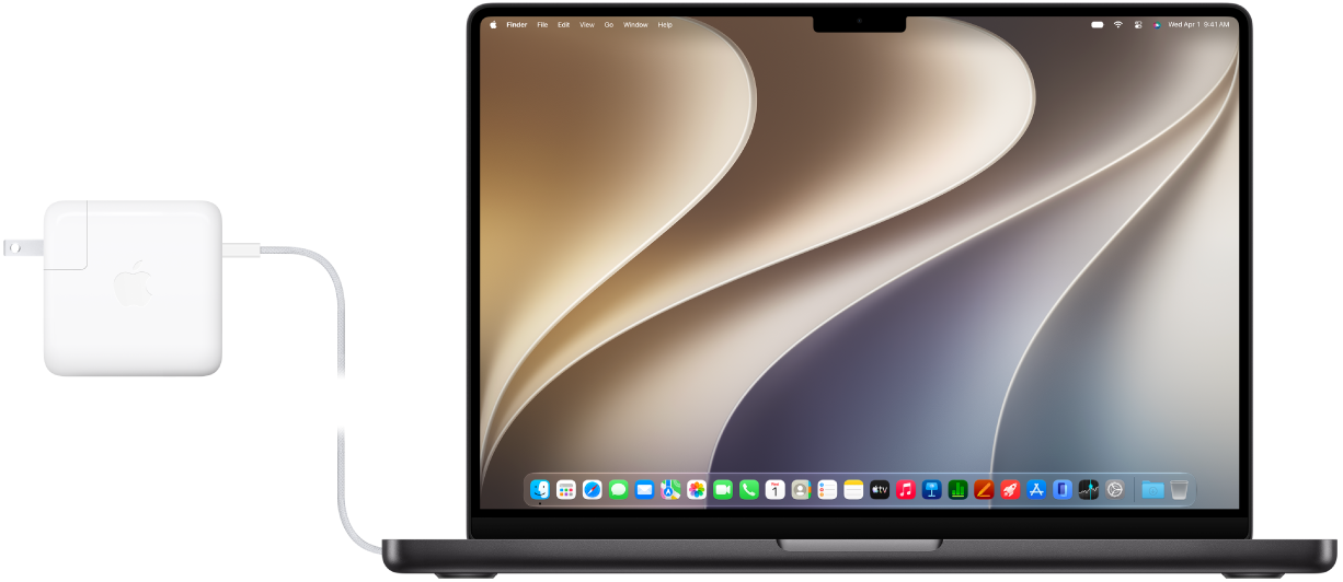 已连接电源适配器的 MacBook&nbsp;Pro。