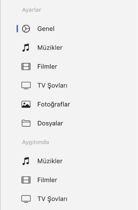 Genel düğmesini ve müzik, filmler, TV şovları ve daha fazlası gibi içeriklerin düğmelerini gösteren kenar çubuğu.