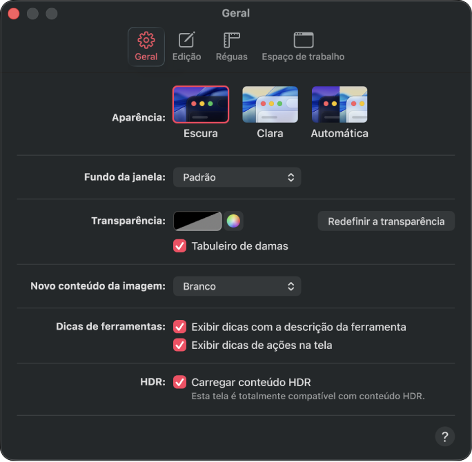 O painel de ajustes Geral.