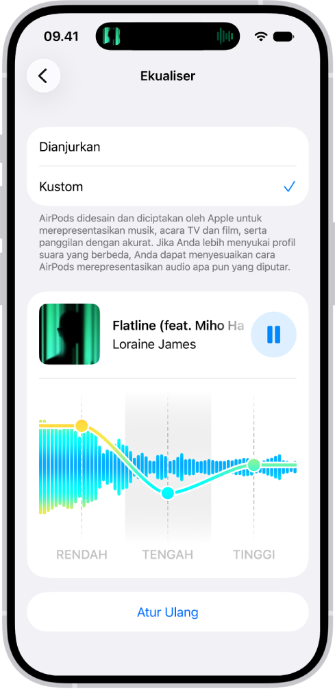 Layar iPhone menampilkan Ekualiaser diatur ke Kustom, dengan penggeser Rendah, Tengah, dan Tinggi di bawahnya.