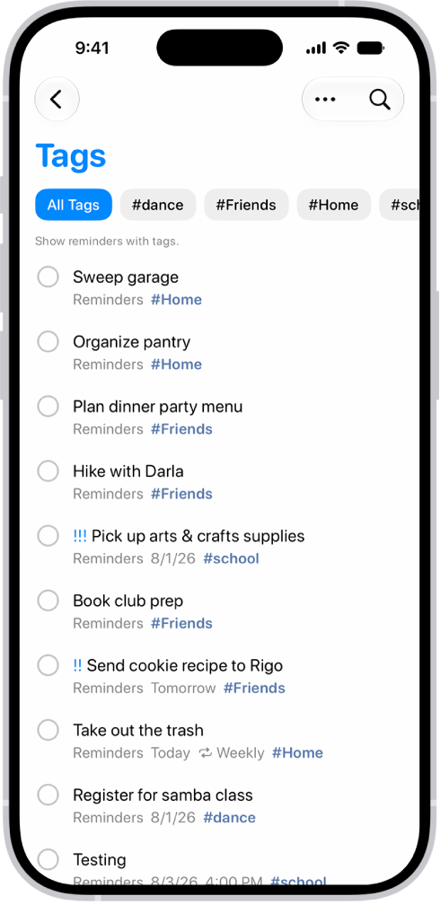 A list of tagged reminders in the Reminders app. Buttons along the top show additional tags that you can apply.