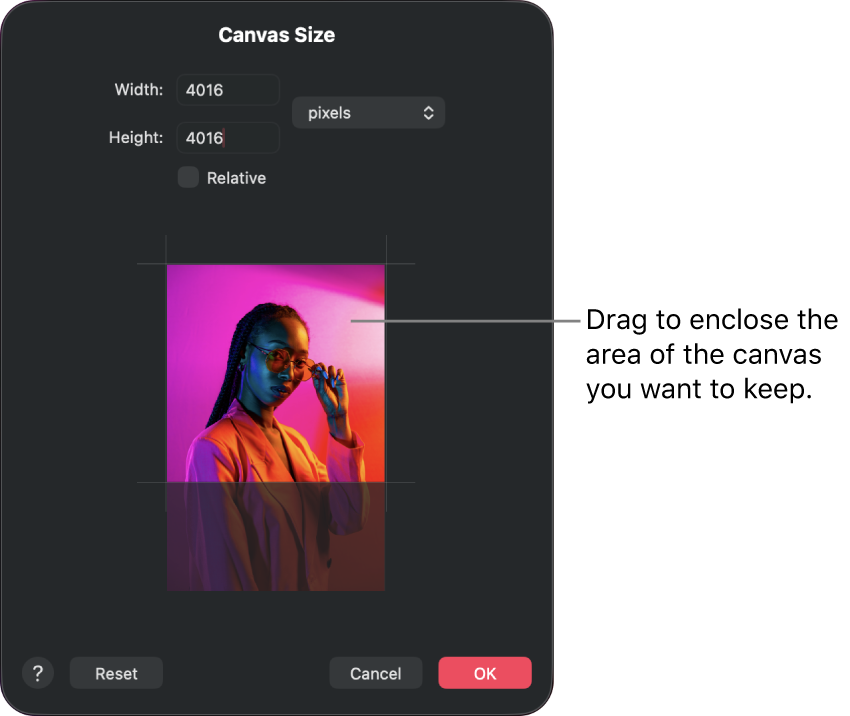 Canvas size dialog showing controls to modify canvas size.