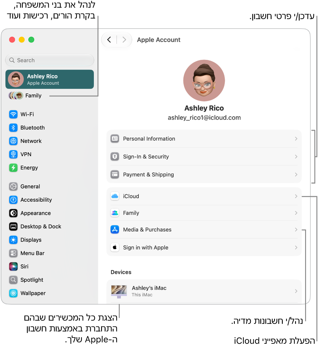 הגדרות חשבון Apple ב״הגדרות המערכת״ עם תיבות הסבר המצביעות על עדכון פרטי החשבון, הפעלה או השבתה של מאפייני iCloud, ניהול חשבונות מדיה ושינוי הגדרות ״משפחה״, שם ניתן לנהל חשבונות של בני המשפחה, בקרות הורים, רכישות ועוד.