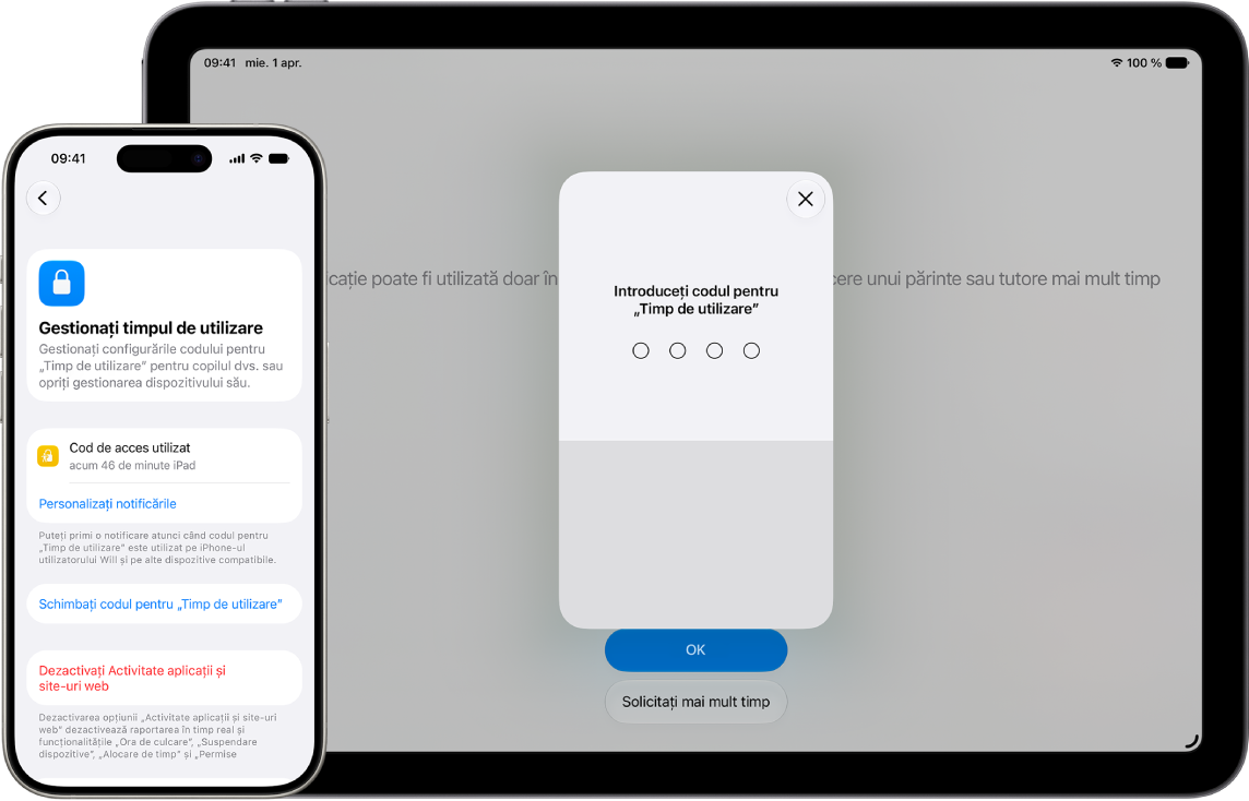 iPhone‑ul unui părinte afișând posibilitatea de a gestiona configurările „Timp de utilizare” ale unui copil și codul de acces pentru „Timp de utilizare”. iPad‑ul unui copil afișând un ecran care este blocat de un cod de acces pentru „Timp de utilizare”.