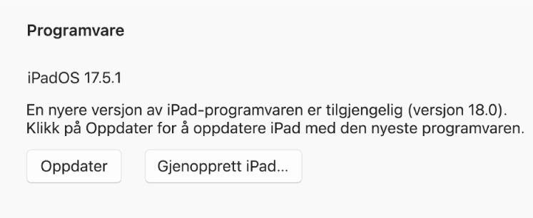 Knappen «Gjenopprett [enhet]» vises ved siden av knappen «Søk etter oppdateringer».