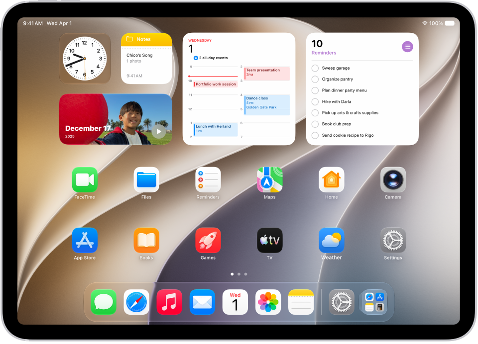 لقطة شاشة تعرض مثالًا للشاشة الرئيسية لـ&nbsp;iPad.