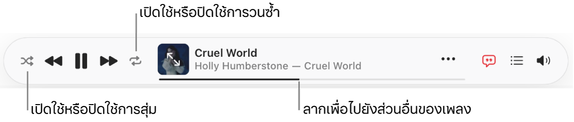 ด้านบนสุดของ Apple Music ที่มีเพลงกำลังเล่นอยู่ ตัวควบคุมการเล่นอยู่ทางด้านซ้ายสุด