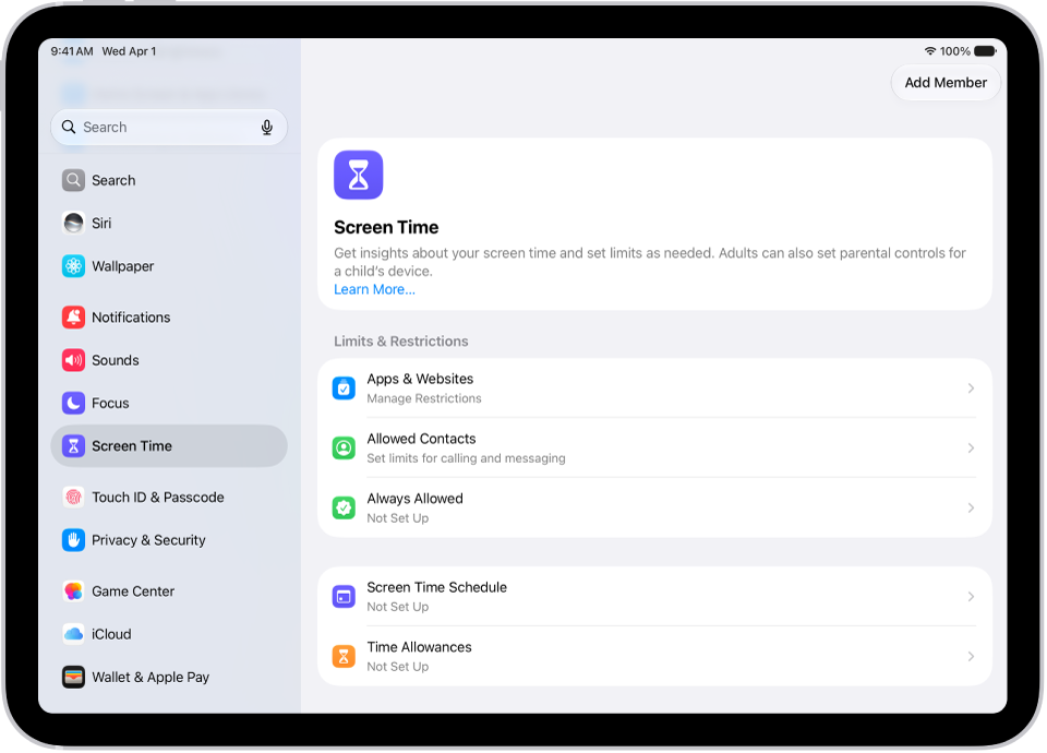 An image of Screen Time in Settings with options for Screen Time Schedules, Time Allowances, and more.