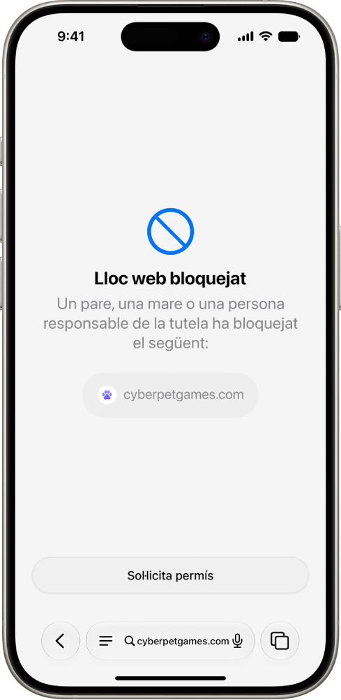La pantalla “Permís per navegar” amb un lloc web bloquejat al Safari i una opció per demanar permís per veure’l.