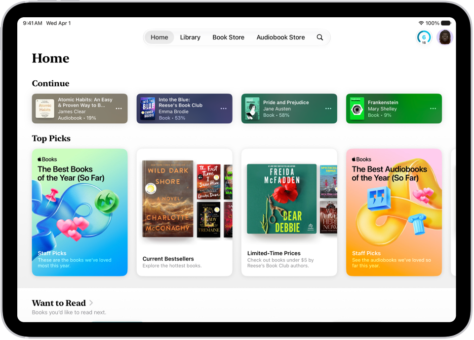 The Home screen in the Books app, showing the Current, Recent, and Want to Read sections.