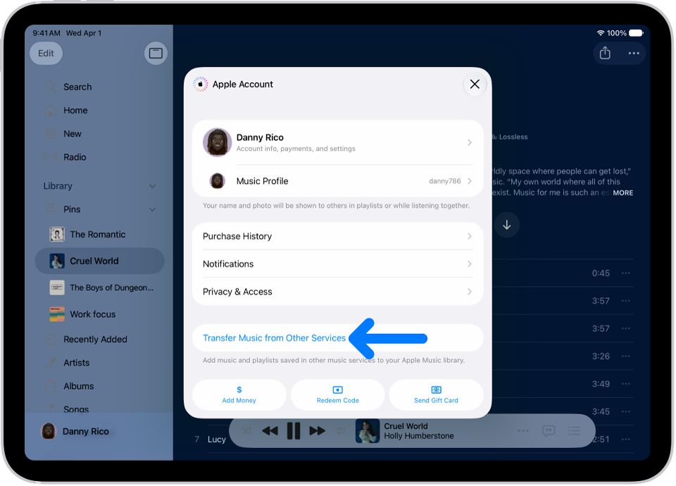 Butang Pindahkan Muzik daripada Perkhidmatan Lain pada skrin Akaun&nbsp;Apple dalam Apple&nbsp;Music.