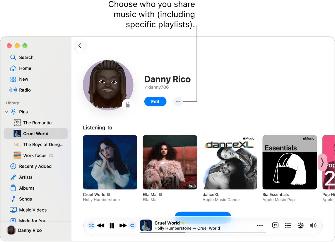 The profile page in Apple Music: at the top of the window, click the More button (to the right of the Edit button) to share your music.