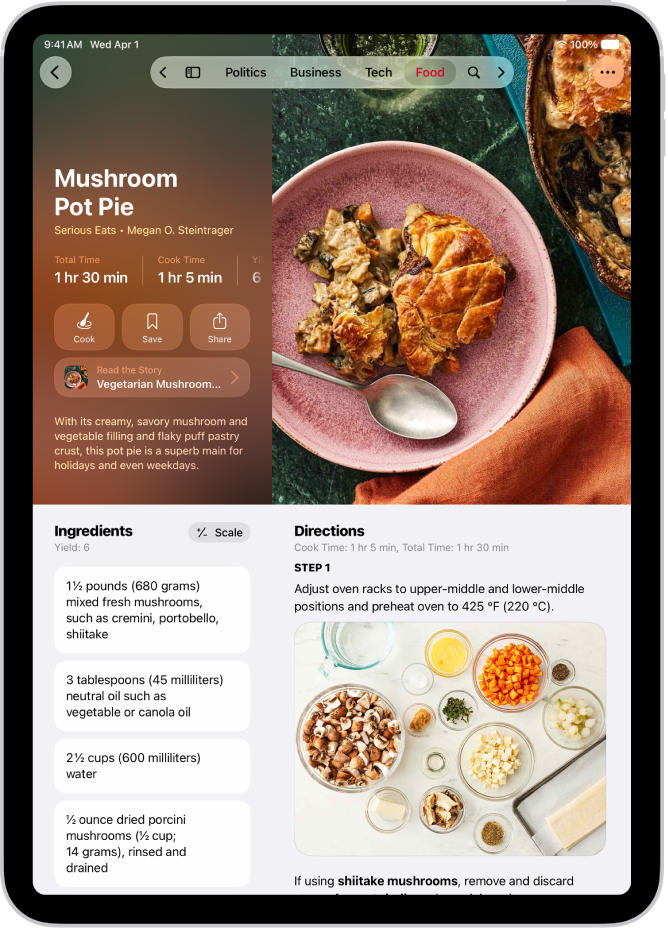 A recipe in Apple News+ with the ingredients and steps visible.