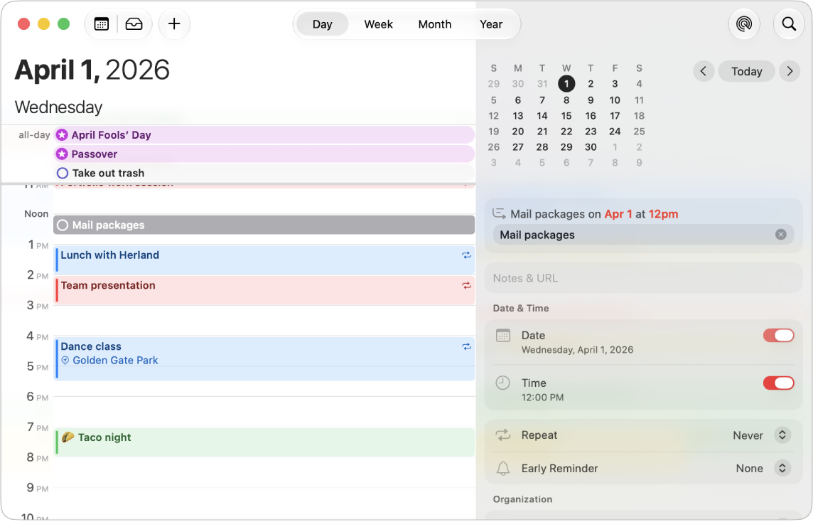 A Calendar window in Day view showing events, a scheduled reminder, and the area to add reminders on the right.