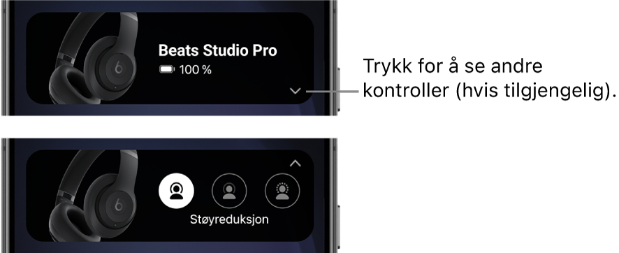 Det første bildet viser Beats-appwidgeten med tilkoblede Beats&nbsp;Studio&nbsp;Pro-hodetelefoner og en knapp for å vise andre kontroller. Det andre bildet viser kontrollene for støyreduksjon i widgeten.