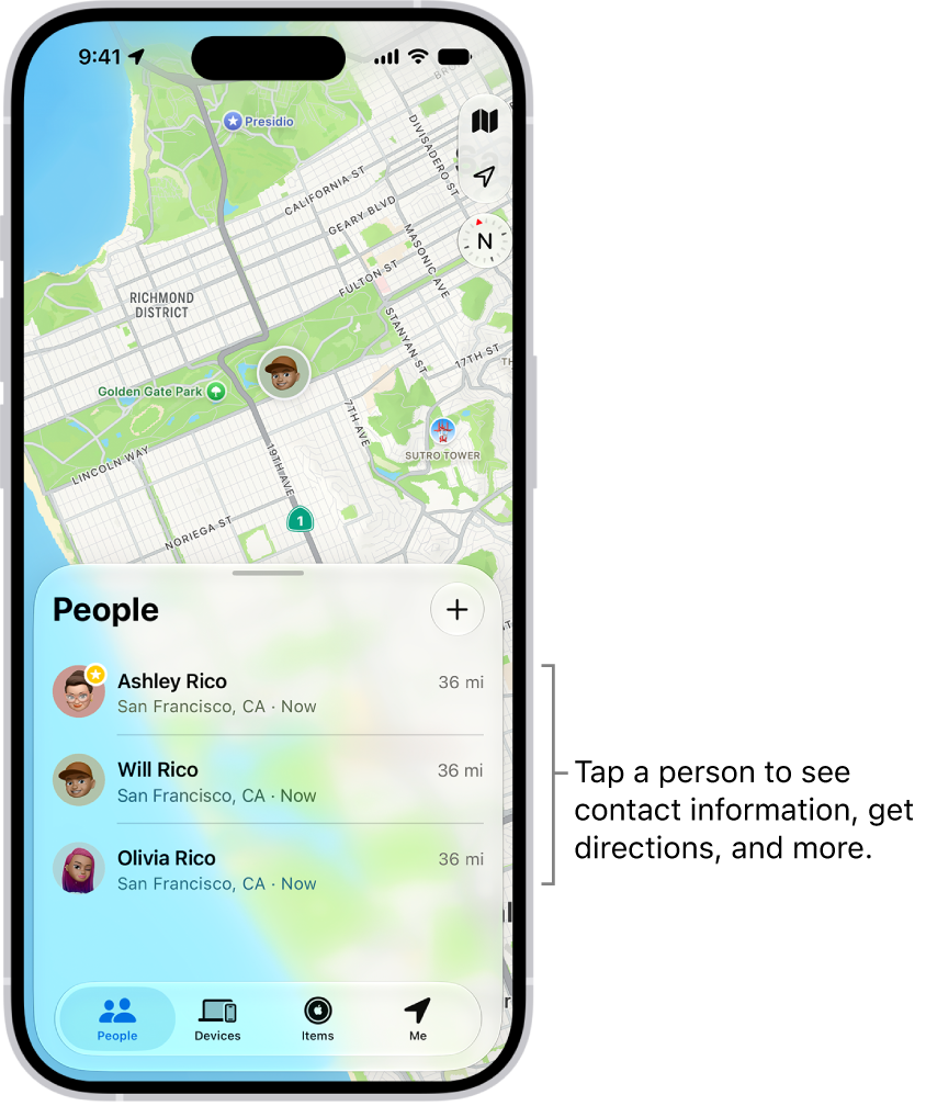 The Find My screen open to the People list. There are four people in the list: Olivia Rico, Dawn Ramirez, Ashley Rico, and Will Rico. Tap the Add button at the top of the People list to share your location.
