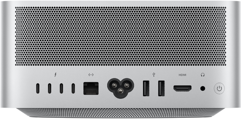 Pohled na zadní stranu Macu&nbsp;Studio s&nbsp;různými konektory a&nbsp;zapínacím tlačítkem