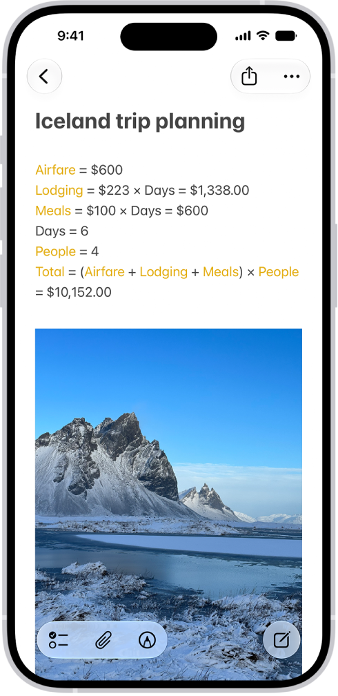 A note for planning a trip, with a calculation of the travel expenses and a photo.