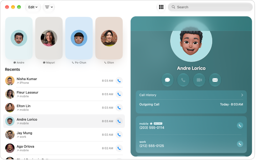 The Phone app with recent calls on the left and a contact on the right.