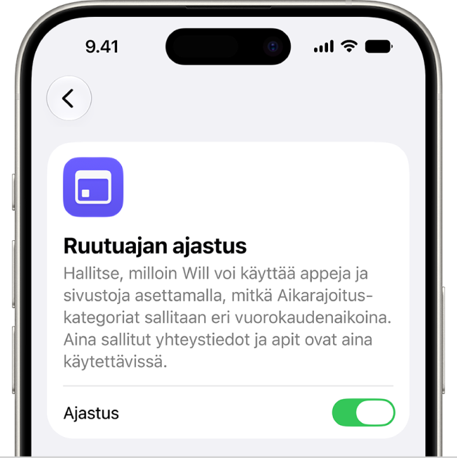 Ruutuajan ajastus -näyttö.