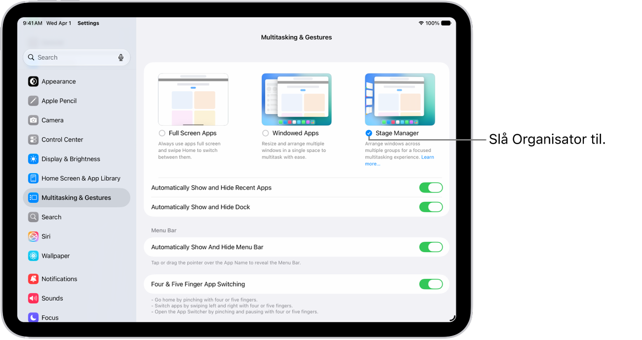 Appen Indstillinger på iPad viser indstillinger til Multitasking og bevægelser, som du kan vælge for at arbejde i flere apps.
