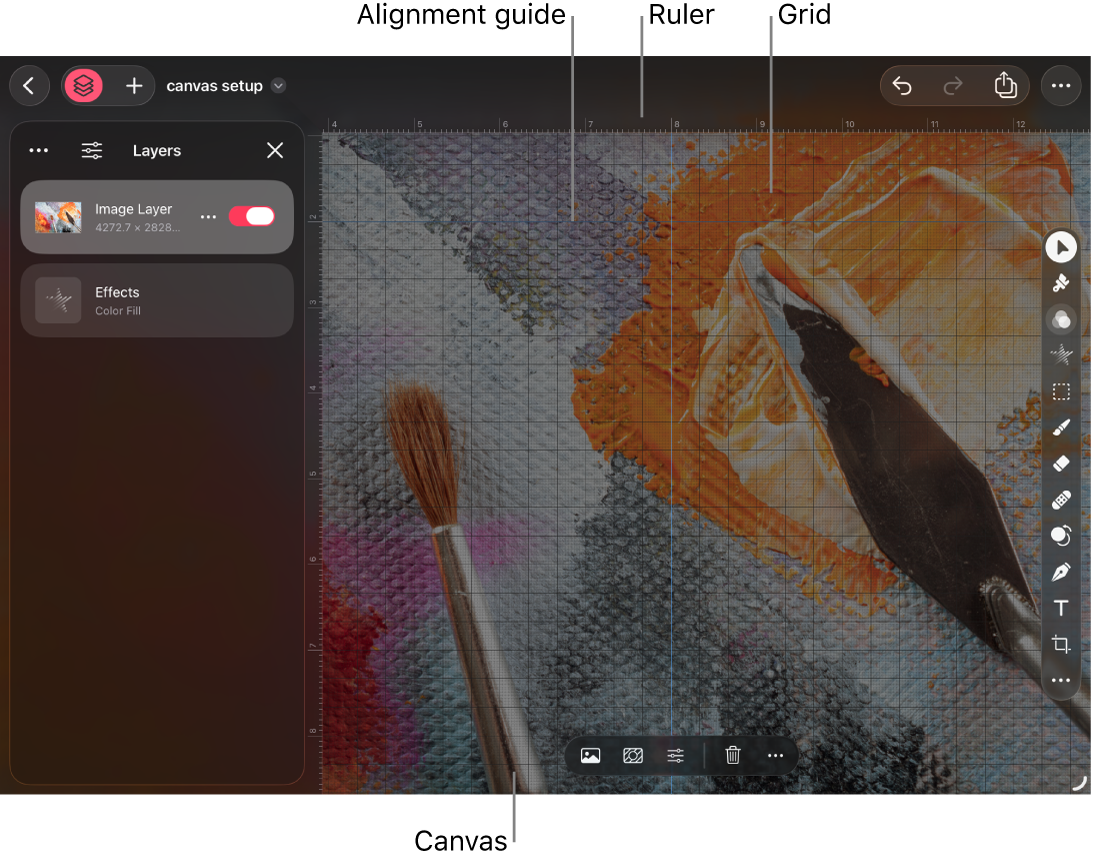 The canvas showing alignment guide, ruler, and grid overlays.