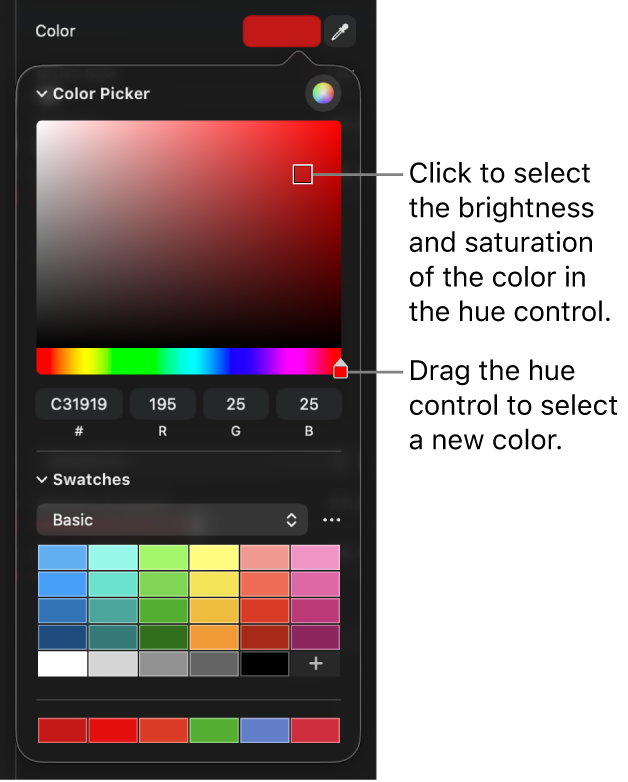 The color picker, with controls to change the saturation and hue of a color.