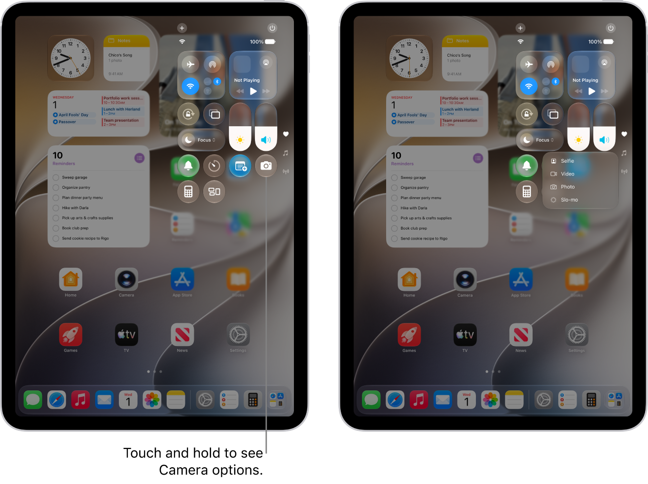 The iPad Control Center. Controls for Airplane Mode, cellular data, Wi-Fi, and Bluetooth are in the top-left group in Control Center for Wi-Fi + Cellular iPad models. The Camera control is at the bottom right of Control Center. The screen on the right shows the quick menu of options that appear when you touch and hold the Camera control.