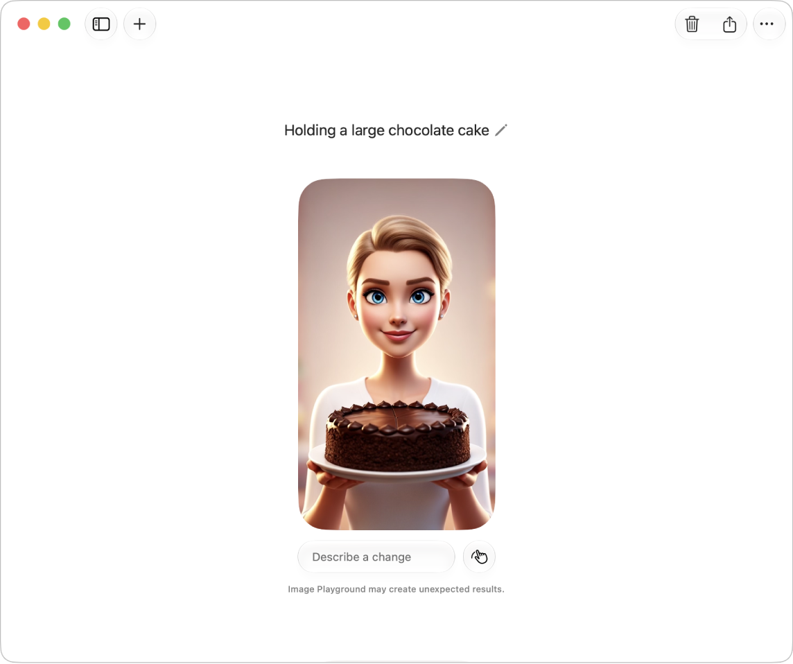 The Image Playground app window showing a created image of a person holding a chocolate cake.