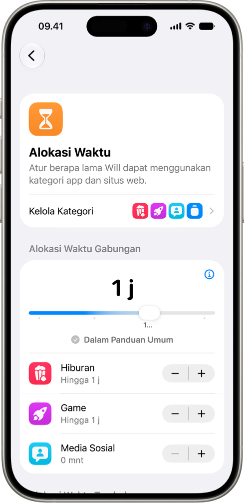 Layar Alokasi Waktu di pengaturan Durasi Layar yang menampilkan jumlah waktu yang dialokasikan untuk Hiburan, Game, dan Media Sosial.