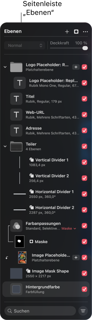 Die Seitenleiste „Ebenen“