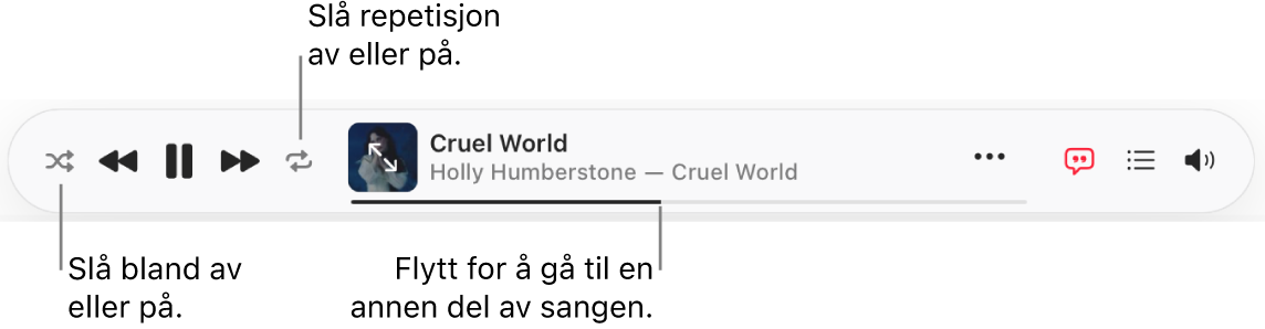 Toppen av Apple Music med en låt som spilles av. Avspillingskontrollene er helt til venstre.