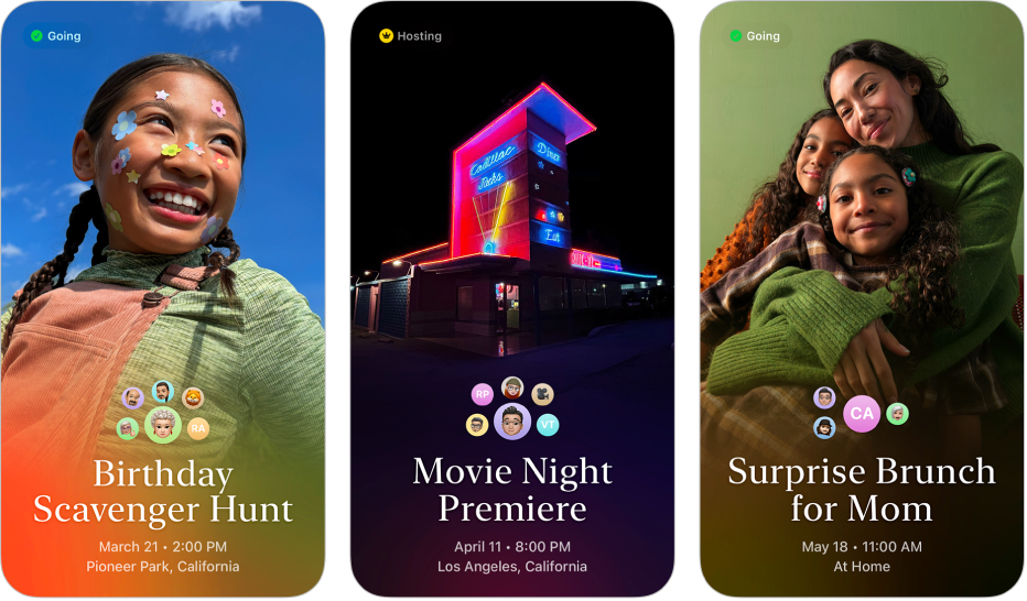 Three invitations from Apple Invites. Each one has a background photo, name, date, time, and location.