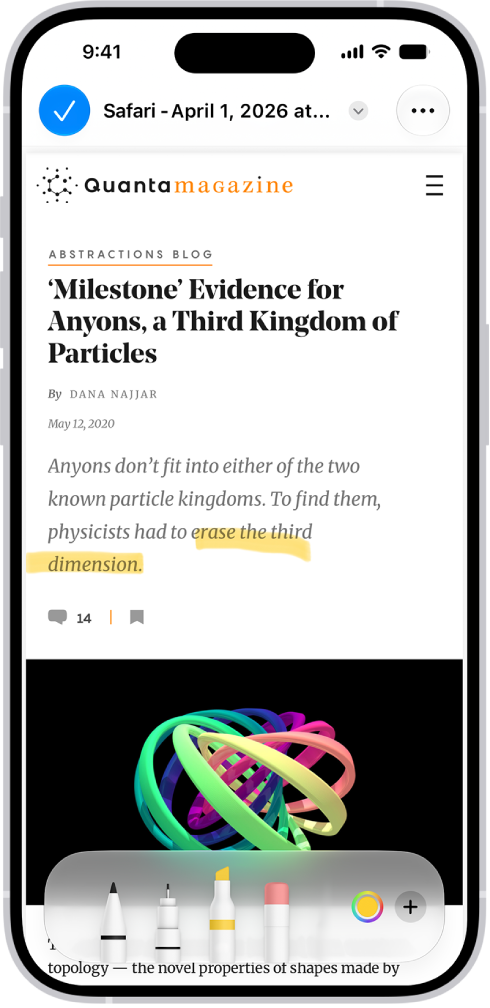 A PDF of a webpage is being annotated with the Markup tools, which are at the bottom of the screen. The webpage has a selection highlighted.