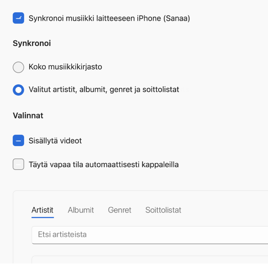 Apple-laitteet-ikkuna, jossa näkyvät musiikin synkronointivalinnat.