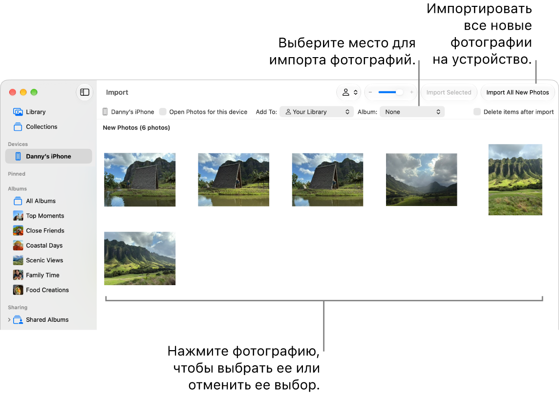 В окне импорта в&nbsp;приложении «Фото» на Mac показаны новые фотографии на устройстве. В&nbsp;верхней части по&nbsp;центру отображается всплывающее меню «Альбом». Кнопки импорта находятся справа вверху.