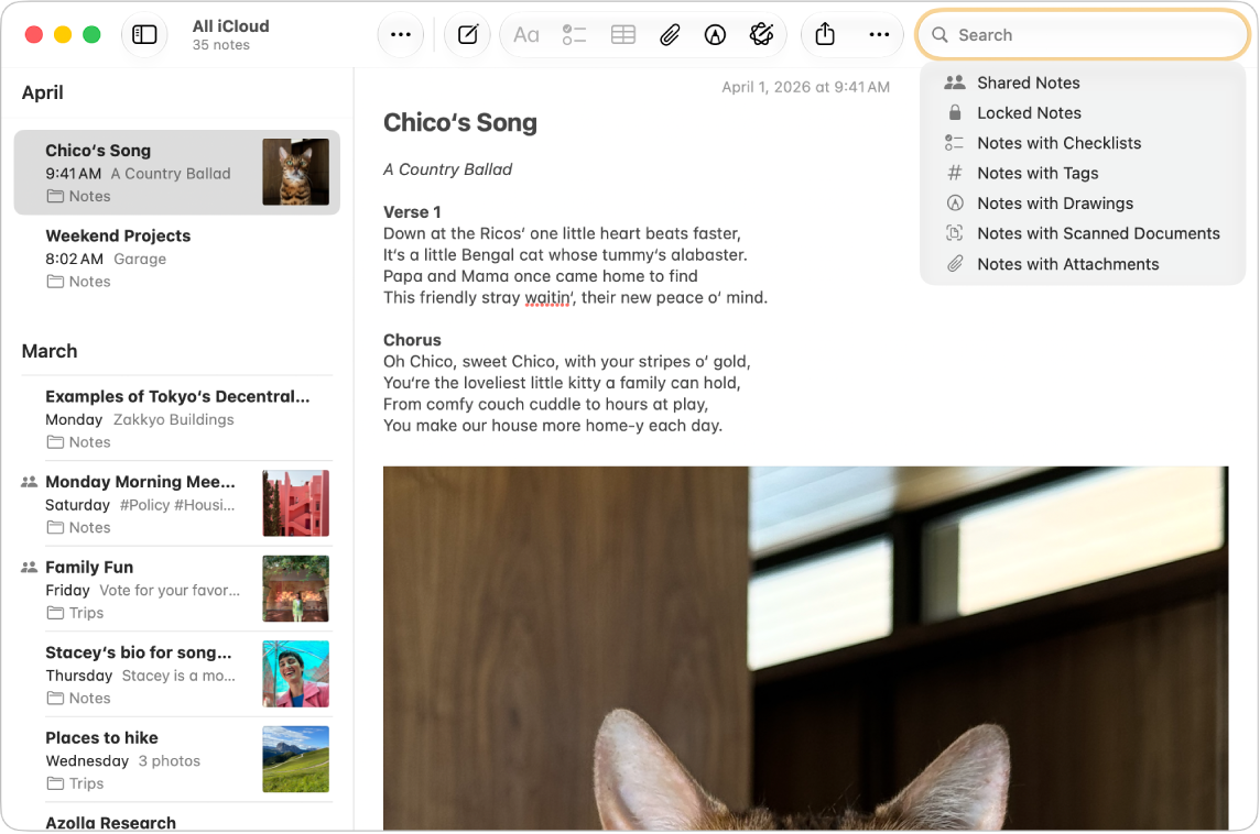A Notes window showing a list of notes. Suggested searches appear in the top-right corner, such as locked notes and notes with attachments.