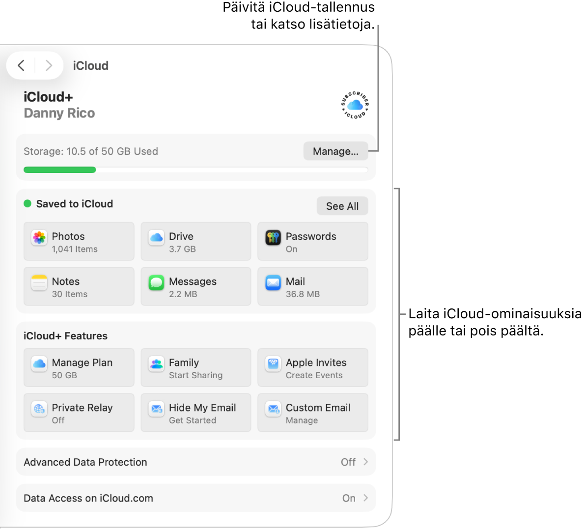iCloud-asetukset yleisimmin käytetyille ominaisuuksille.