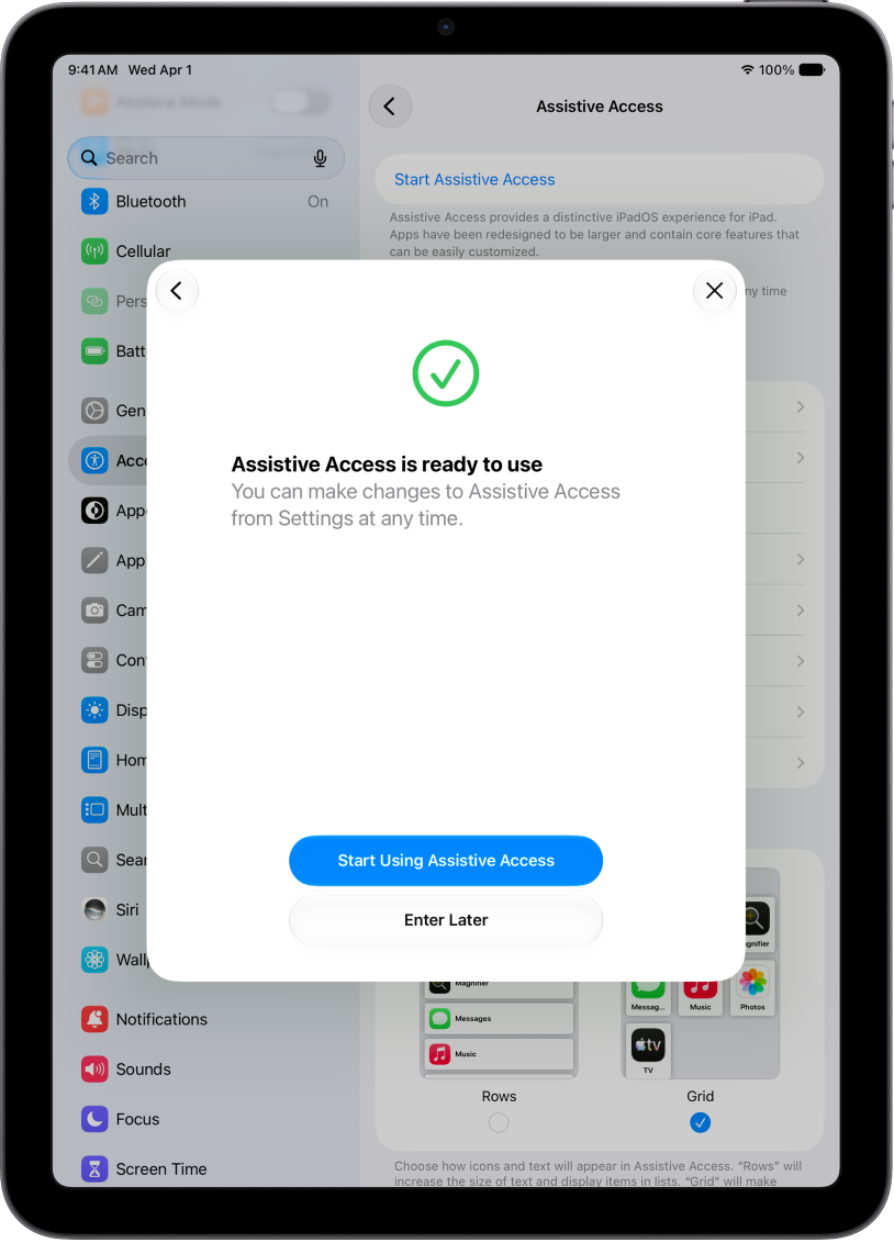 An iPad showing that Assistive Access is ready to use with two buttons at the bottom: one to Start Using Assistive Access, and the other to Enter Later.