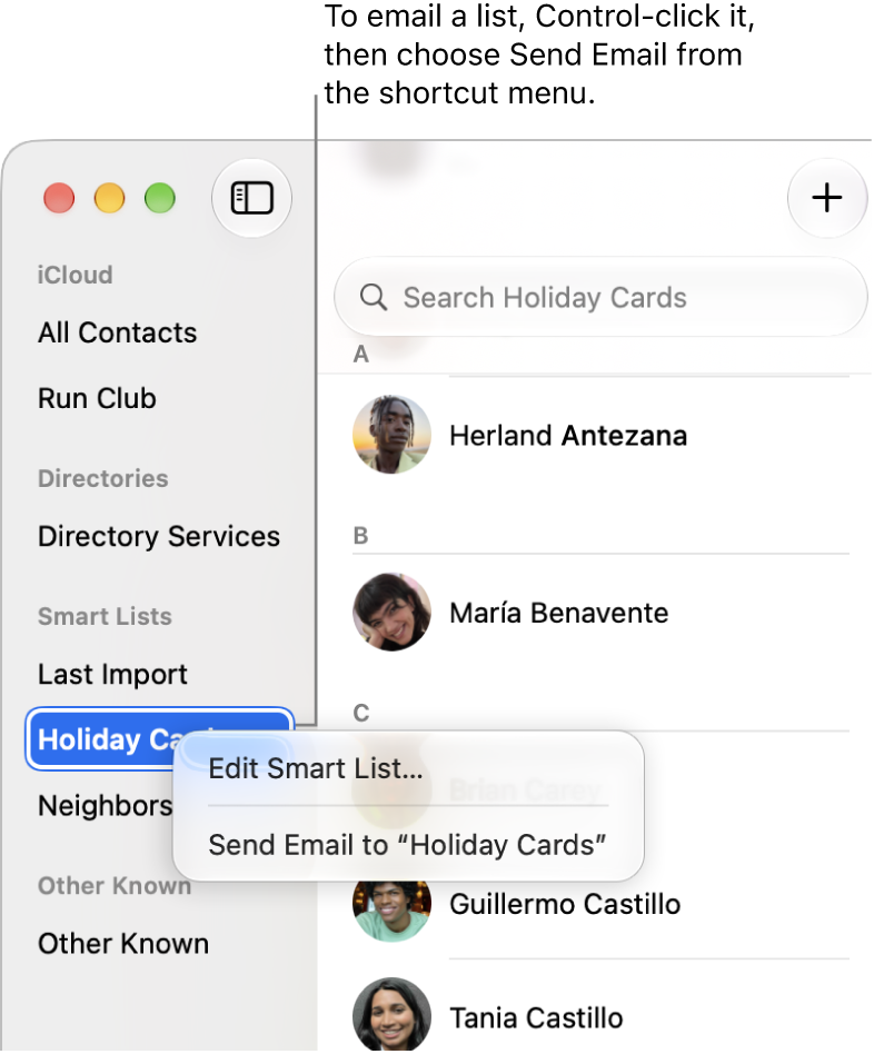 The Contacts sidebar with a shortcut menu open for a Smart List, showing the Send Email command.
