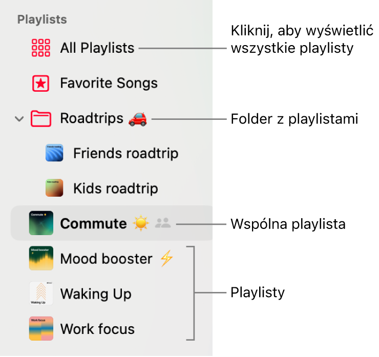 Pasek boczny aplikacji Muzyka z&nbsp;folderem playlist i&nbsp;różnymi typami playlist: Ulubione utwory, wspólne playlisty oraz zwykłe. Aby wyświetlić wszystkie playlisty, kliknij w&nbsp;przycisk Wszystkie playlisty.