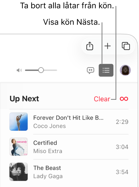 Knappen Nästa i övre högra hörnet i Apple Music är markerad och kön Nästa är synlig. Klicka på länken Rensa överst i listan om du vill ta bort alla låtar från kön.