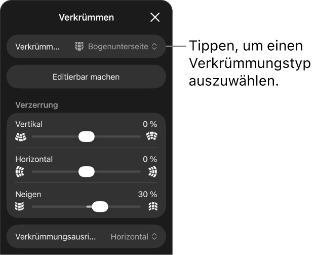 Der Bereich „Verkrümmen“ mit den Verkrümmungstypen und Schiebereglern zum Verkrümmen.
