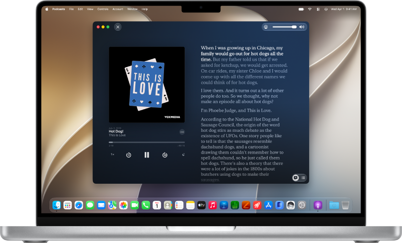 The Apple Podcasts app on a Mac, showing the transcript for an episode. Highlighted words indicate what’s currently being said in the podcast.