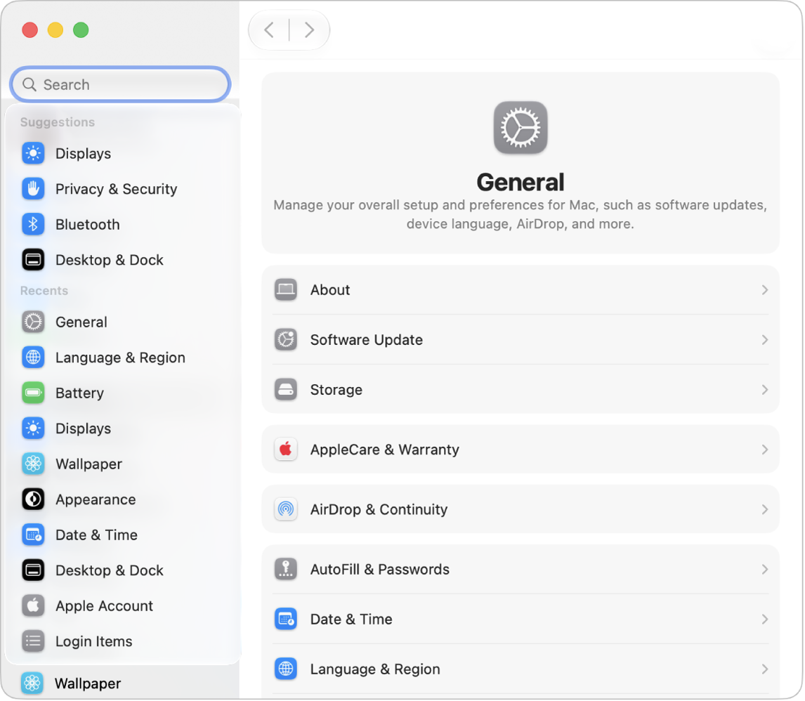 The System Settings window with the search field selected, showing suggested settings, then a list of recently visited settings.