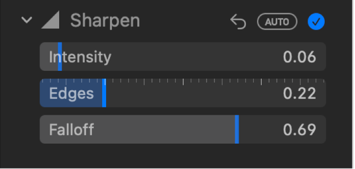 The Sharpen controls in the Adjust pane, showing the Intensity, Edges, and Falloff sliders.