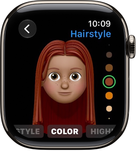 L’app Memoji sur l’Apple&nbsp;Watch qui affiche l’écran de modification Nez. Il y a un gros plan sur le visage qui est centré sur le nez. Le mot Color (Couleur) s’affiche en bas.