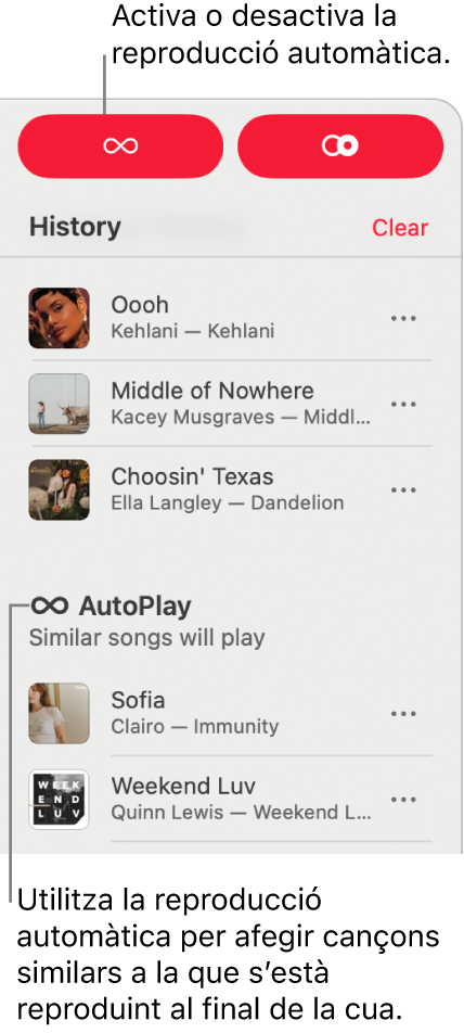 L’historial es pot veure a l’angle superior dret de l’Apple&nbsp;Music. També es mostra la secció de reproducció automàtica.