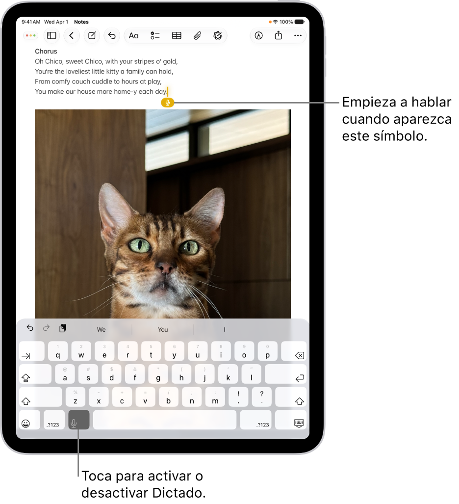 El teclado en pantalla está abierto en la app Notas. El botón Dictado en la parte inferior del teclado está seleccionado y el botón Dictado aparece debajo del punto de inserción en el campo de texto.
