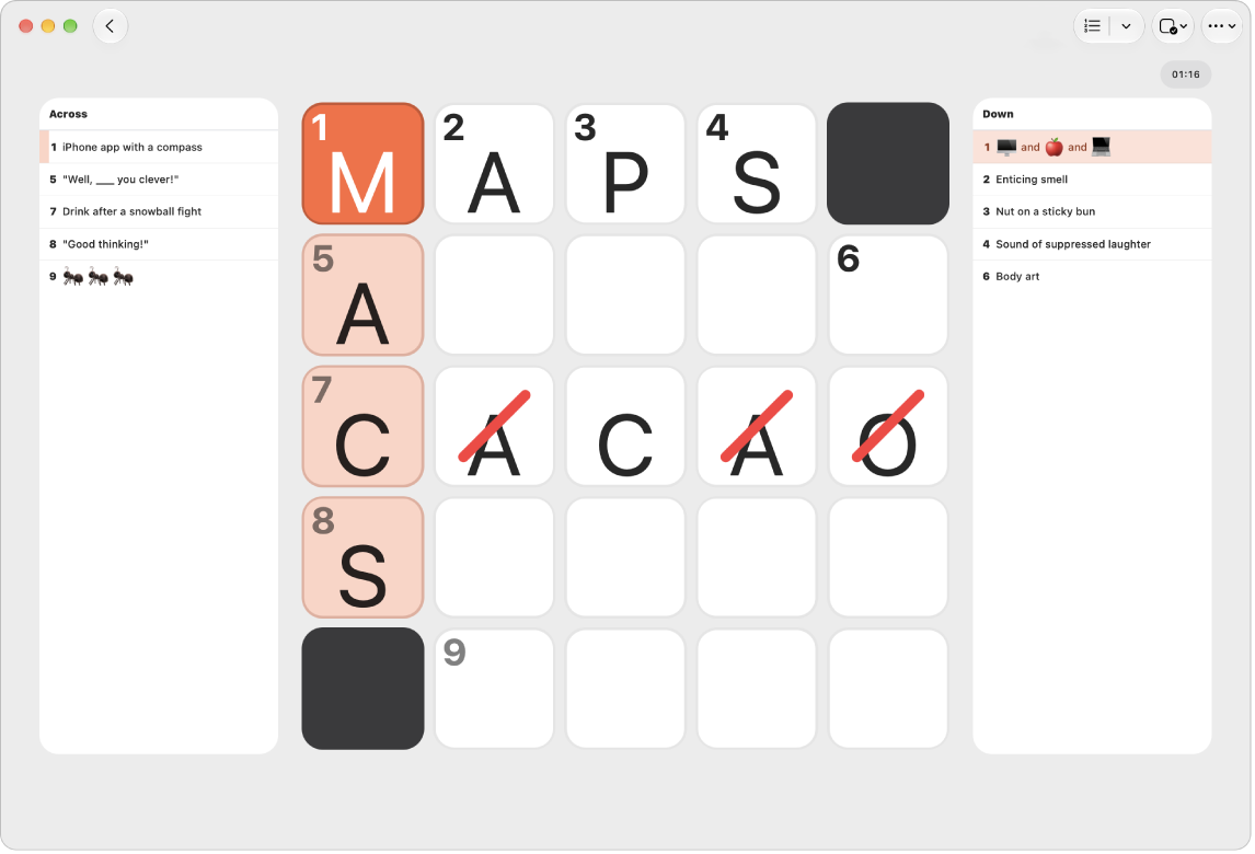 A partially filled crossword mini puzzle, with the clues on each side and errors marked with red slashes.